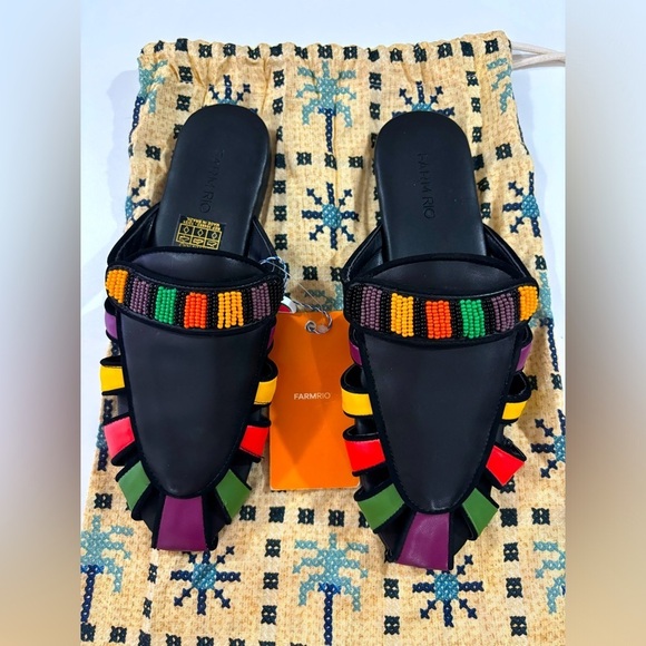 FARM Rio Shoes - NWT FARM Rio Black Boho Rainbow Beaded Mules 7.5